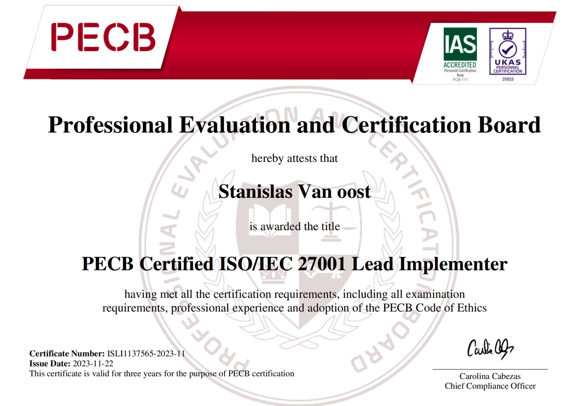 Stanislas Van Oost is certified Lead Implementer ISO27001